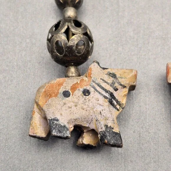 VTG Elephant Dangle Earrings 2.25" Carved Wood & Antique-Style Silver Beads - Picture 6 of 11